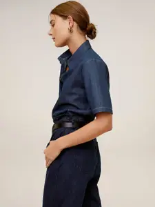 MANGO Women Navy Blue Regular Fit Chambray Solid Casual Shirt