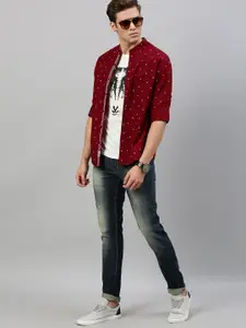 Roadster Men Maroon & Beige Geometric Printed Cotton Casual Shirt