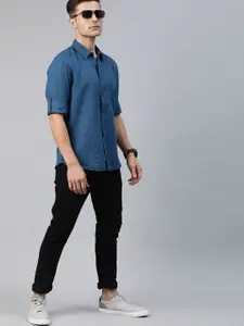 Roadster Men Blue Regular Fit Solid Cotton Linen Casual Shirt