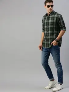 Roadster Men Olive Green & Grey Regular Fit Checked Casual Shirt