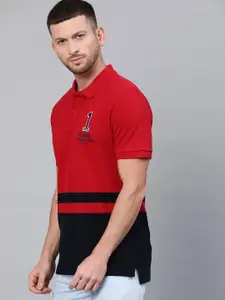 U.S. Polo Assn. Men Red  Black Colourblocked Polo Collar Pure Cotton T-shirt