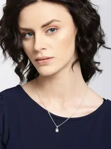 Clara Women 92.5 Sterling Silver Rhodium Plated CZ-Studded Rectangular Pendant with Chain