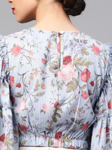 SASSAFRAS Women Blue & Pink Floral Printed Crop Regular Top