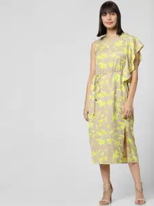 Vero Moda Women Beige & Yellow Printed Fit and Flare Dress with Tie-Up Detail
