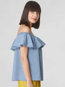 Vero Moda Women Blue Solid Bardot Pure Cotton Top