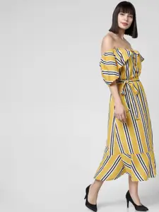 Vero Moda Women Mustard Yellow & Navy Blue Striped Fit and Flare Dress