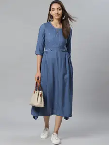 W Women Blue Embroidered Detail A-Line Dress