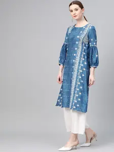 W Women Blue & Off-White Printed A-Line Sustainable Kurta