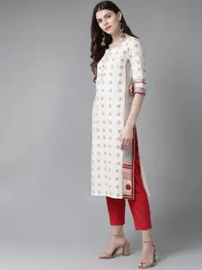 W Women Off-White & Grey Printed Straight Kurta