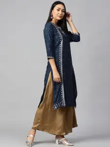 W Women Navy Blue Ethnic Printed Straight Kurta