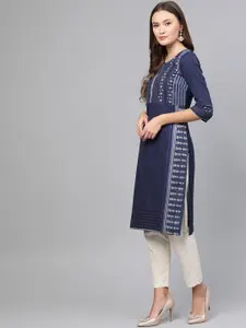 W Women Navy Blue & Cream-Coloured Self Design Straight Kurta