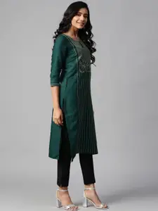 W Women Green & Off-White Striped Straight Kurta