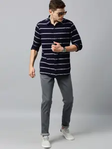 WROGN Men Navy Blue & White Slim Fit Striped Casual Shirt