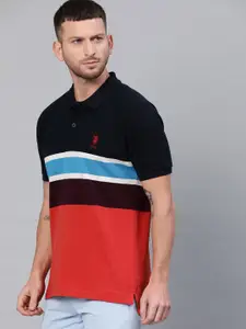 U.S. Polo Assn. Men Navy Blue Colourblocked Polo Collar Pure Cotton T-shirt