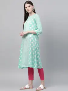 Rangriti Women Sea Green & White Printed Semi-Sheer A-Line Kurta