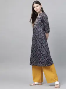 Rangriti Women Navy Blue & White Bandhani Print A-Line Kurta