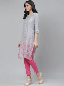 Rangriti Women Navy Blue & White Striped Straight Cotton Kurta with Ethnic Print Detail