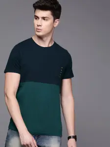 WROGN Men Navy Blue  Teal Green Slim Fit Colourblocked Round Neck Pure Cotton T-shirt
