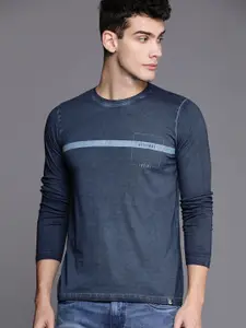 WROGN Men Navy Blue Solid Slim Fit Round Neck T-shirt With Striped Detail