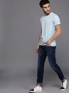 WROGN Men Blue  White Slim Fit Striped Round Neck Pure Cotton T-shirt