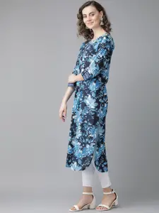Indo Era Women Blue & White Floral Screen Print Straight Kurta