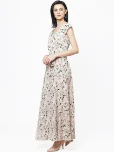 Deewa Women Beige & Green Floral Printed Maxi Dress