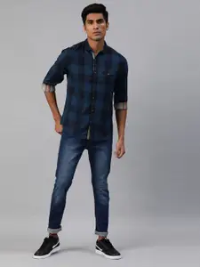SPYKAR Men Navy Blue & Black Slim Fit Checked Casual Shirt