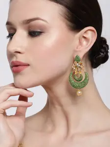 Jewels Galaxy Green Gold-Plated Stone-Studded & Enamelled Crescent Shaped Chandbalis