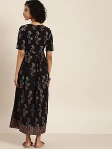 Taavi Women Black & Blue Ajrakh Hand Block Printed A-Line Sustainable Dress with Pleats