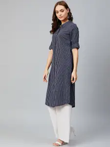AURELIA Women Navy Blue & White Yarn Dyed Striped Straight Kurta