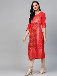 AURELIA Women Red & Golden Ethnic Print Straight Kurta with Sequinned Detail