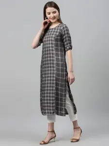 AURELIA Women Grey & White Checked Pure Cotton Straight Kurta
