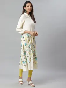 W Women Off-White & Blue Printed A-Line Kurta