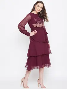Bitterlime Women Burgundy Embroidered Fit and Flare Dress