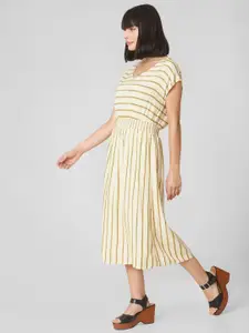 Vero Moda Women Off-White & Yellow Striped Fit and Flare Dress