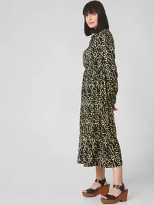 Vero Moda Black & Yellow Floral A-Line Midi Dress