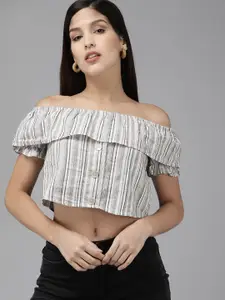 Vero Moda Women White & Black Striped Bardot Linen Top With Gathered Detail