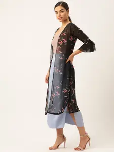 WISSTLER Women Black & Red Printed Semi Sheer Open Front Shrug