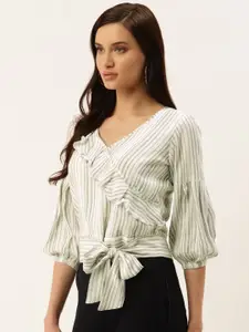 Taurus Women White & Green Striped Wrap Top
