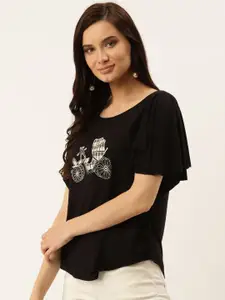 Taurus Women Black & Off-White Embroidered Detail Top