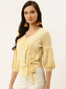 Taurus Women Yellow & White Striped Wrap Top