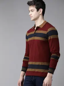 Roadster Men Maroon & Navy Blue Striped Pure Cotton Polo Collar T-shirt