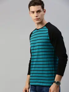 Roadster Men Teal Blue  Black Striped Round Neck Pure Cotton T-shirt