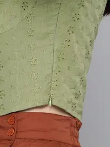 SASSAFRAS Olive Green Schiffli Embroidered Crop Pure Cotton Top