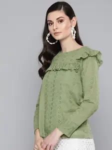 SASSAFRAS Women Olive Green Schiffli Embroidered Pure Cotton Top
