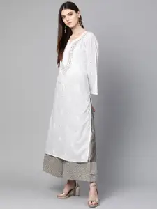 ADA Women White & Golden Chikankari Hand Embroidered Sheer Straight  Handloom Kurta