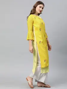Neerus Women Yellow & Green Embroidered Straight Angrakha Kurta