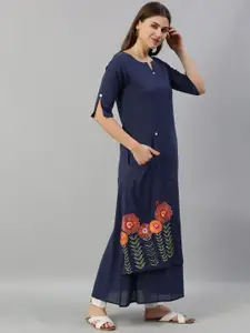 Neerus Women Navy Blue Solid Layered A-Line Kurta With Embroidered Detailing