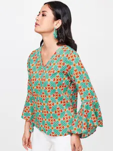 Global Desi Women Teal Green & Magenta Printed Pure Cotton Top