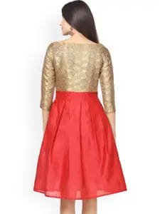 Athena Gold-Toned & Red Silk Fit & Flare Dress
